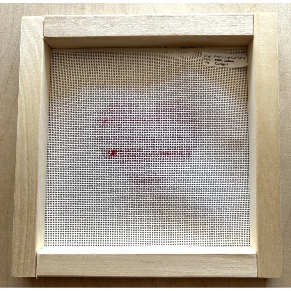 Needlepoint Canvas Handpainted Heart Pink Red Signed AT 18 Pt HE850 Wood Frame